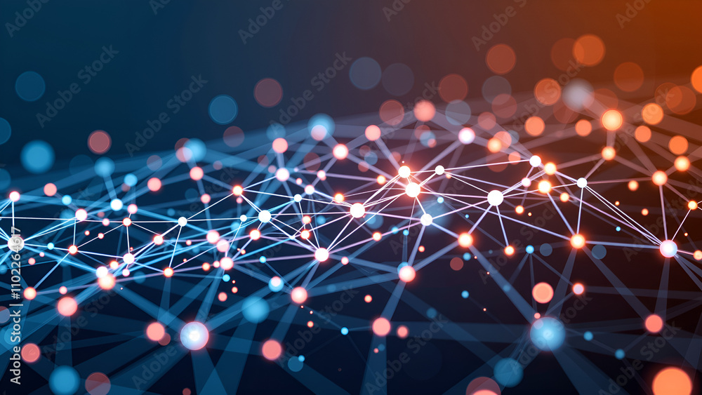 Aufkleber digital abstract network of glowing nodes and connected lines in blue and orange
