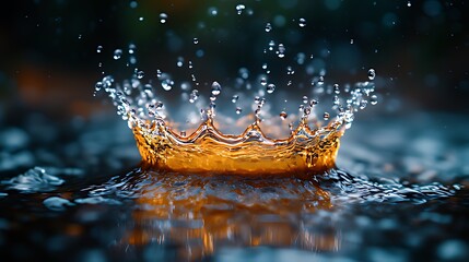 A single drop of water creates a crown-shaped splash in a dark blue puddle.