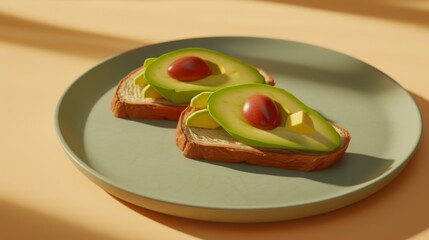 A minimalist 3D-rendered image of two slices of avocado toast topped with cherry tomatoes. The simple presentation highlights the fresh ingredients, perfect for healthy eating and food styling content