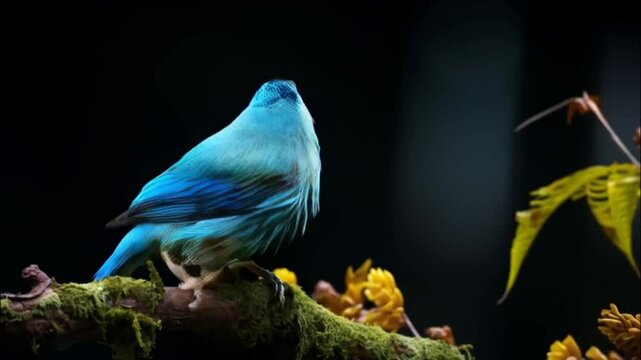 Small blue bird perched on a branch on a dark background