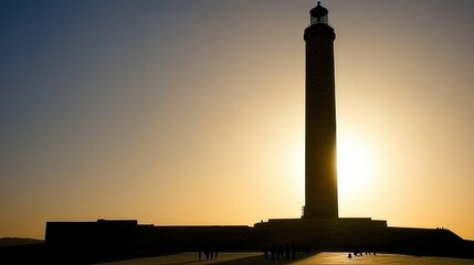 Obraz premium Majestic Lighthouse Silhouetted Against a Breathtaking Sunset Landscape