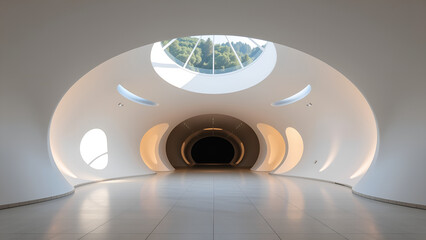 Futuristic interior hallway with curved walls and natural light from skylights