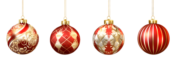 Set of Christmas ornaments in red and gold colors with various patterns, hanging on golden chains, isolated on a transparent background.