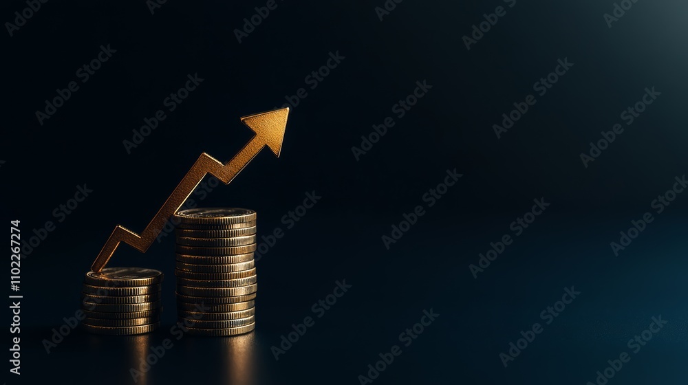 Poster golden upward arrow is rising above growing stacks of coins on a dark background, representing incre