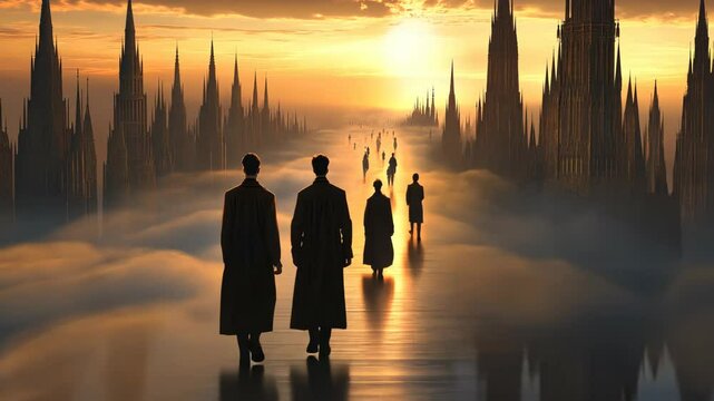 Mysterious figures walk towards the horizon against a captivating sunset with towering structures