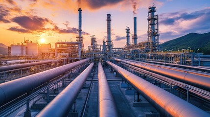 Industrial Complex at Sunset with Pipes and Smoke Stacks