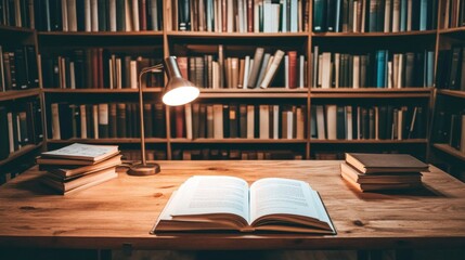 Cozy Library Interior with Bookshelves and Open Book on Wooden Desk
