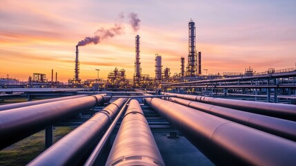 Industrial Oil Refinery at Sunset with Pipes and Smokestacks