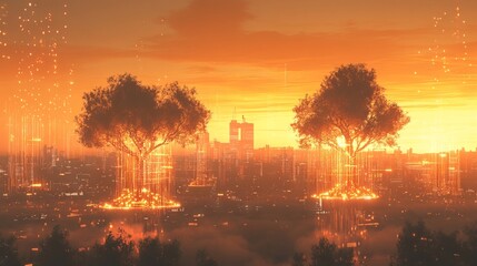 Futuristic Cityscape with Digital Trees and Data Connections - AI generated illustration