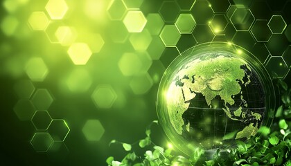 Eco-Friendly Technology Symbols and Globe on Green Background. AI generated illustration