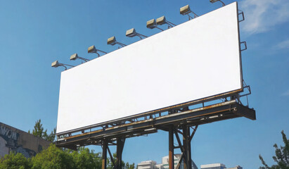 Blank white road billboard with Bangkok cityscape background at sunset. Street advertising poster, mock up, 3D rendering. Side view. The concept of marketing communication to promote or sell idea. 