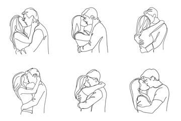 Romantic Couple Hugging And Kissing Each Other Continuous Drawing Single One Line Art Illustration