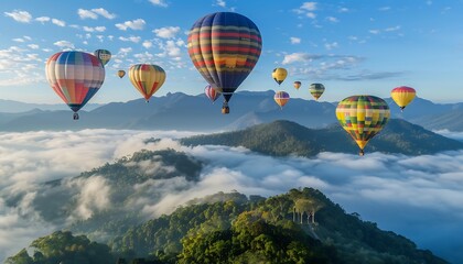 Fototapeta premium Hot air balloons flying over the mountains at sunrise, Chiang Mai, Thailand