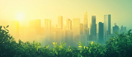Eco-Friendly City Skyline at Sunrise: Futuristic Urban Landscape with Green Architecture. AI generated illustration