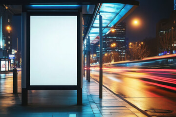 Fototapeta premium Blank white vertical digital billboard poster on city street bus stop sign at night. Street advertising bus stop mockup 