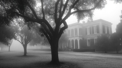 Naklejka premium Haunting Plantation Mansion in the Misty Fog