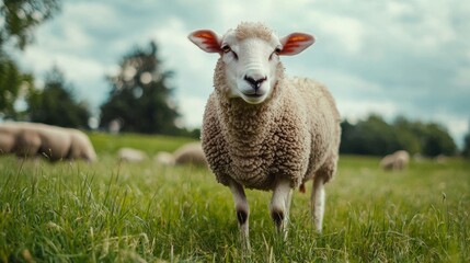 Fototapeta premium Close-up of a sheep in a green pasture under a blue sky