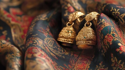 Intricate Gold Earrings on Richly Textured Fabric Background