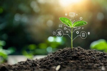 Sprouting Plant with Environmental Icons for Water, Energy, and Air in a Garden Setting. AI generated illustration