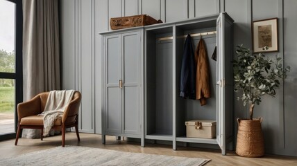 Gray wooden wardrobe with open doors showing clothes hanging inside, located in a modern living room with a leather armchair.