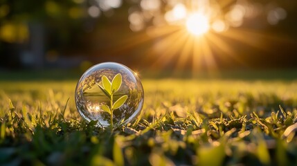 Glass Globe with Earth-Shaped Sprout on a Sunlit Meadow Background. AI generated illustration