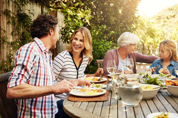Brunch, laughing and food with family in nature for thanksgiving event, eating and happiness. Love,...