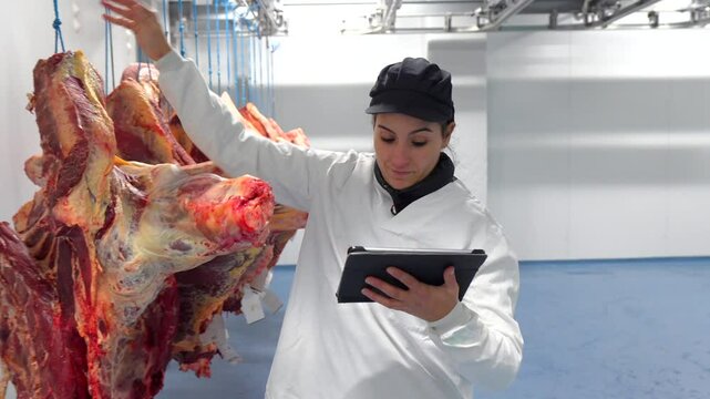 Butcher using technology in a innovative meat processing factory checking the meat using digital tablet