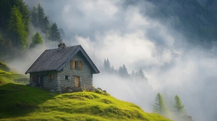 Misty Mountain Cabin Nestled in Lush, Verdant Landscape