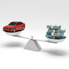 Scales, a red car on one side of the scale, a stack of bundles of banknotes on the other. Illustration on a white background. A conceptual image of the cost of the car.