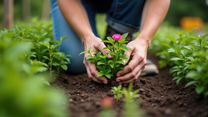 Hands planting a yellow flower in soil, gardening concept, nurturing growth, nature care, environmental conservation. Generative, AI,