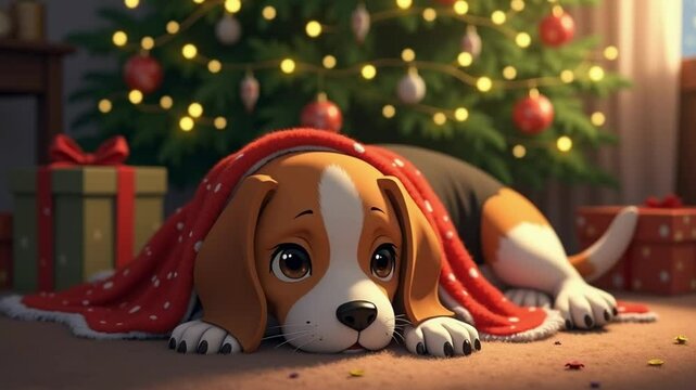 Lofi animation loop Christmas Scene with a Beagle Resting Under the Tree. Perfect for relaxing, studying, or meditative backgrounds.