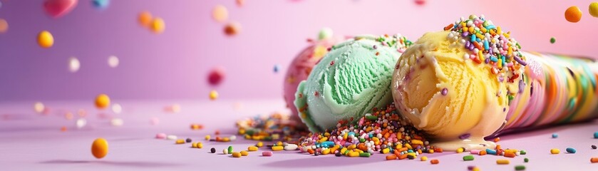 Bright yellow and green ice cream with sprinkles on a pale purple backdrop, lively and colorful