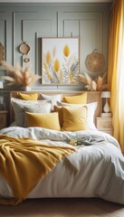 Schlafzimmer mit gelben Kissen