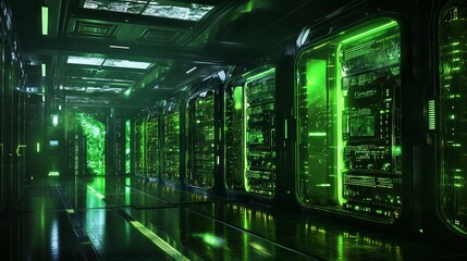 Fototapeta premium Futuristic Green Data Center with Glowing Machines - AI generated illustration