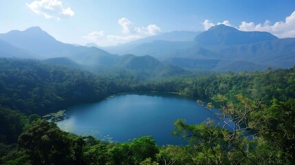 green landscape with mountain covered in forest and lake with fresh blue water