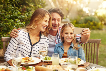 Lunch, garden and selfie of parents with kid for holiday, vacation and festive season. Christmas, Thanksgiving and mom, dad and girl take picture for social media and memory at family celebration