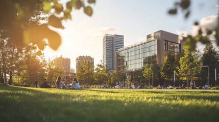 Obraz premium sunny park scene with people relaxing on grass near modern buildings