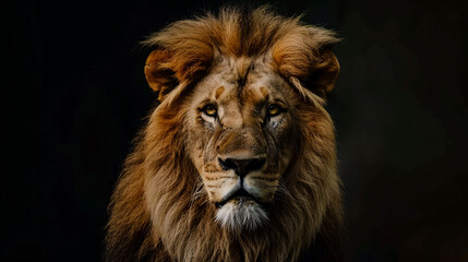 Close-up shot of a lion's face against a dark background.