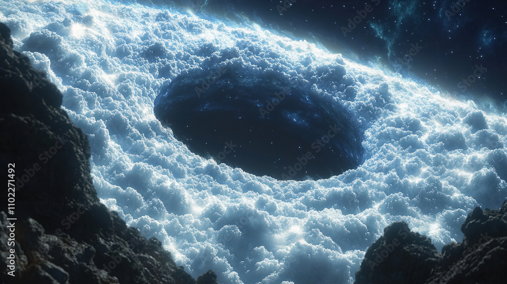 Poster mysterious vortex surrounded by glowing clouds at twilight in a cosmic landscape. generative ai