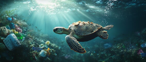 Adolescent Turtle Swimming Amidst Ocean Plastic Waste. AI generated illustration