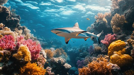 Fototapeta premium Shark Swimming Among Vibrant Coral Reef Underwater Landscape