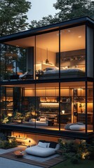 Fototapeta premium Modern Glass House Evening Illumination Interior Design