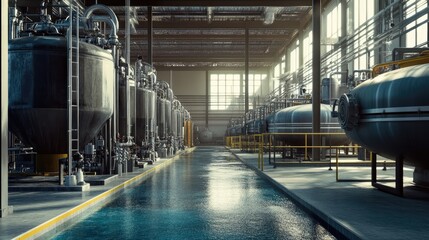 Obraz premium Modern Industrial Facility with Large Tanks and Water Channel