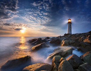 Image of a lighthouse illuminating a rocky shore, symbolizing leadership offering guidance and safety