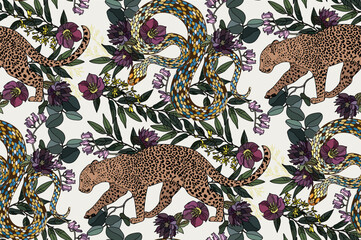 A seamless pattern of colorful snakes intertwined with blooming flowers and leopards against a light background creates a vibrant and detailed visual effect.