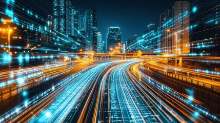 Fototapeta premium Vibrant cityscape illuminated by neon lights, blending cultures, diverse architecture, bustling streets, futuristic skyline reflecting global unity, digital networks, dynamic energy