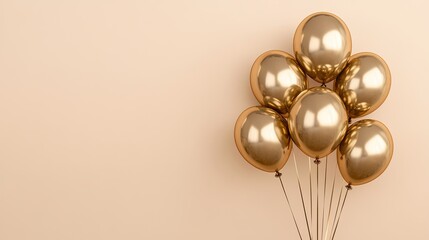 Obraz premium Festive gold balloons tied together, hovering on a light beige backdrop, ideal for party announcements or greetings.