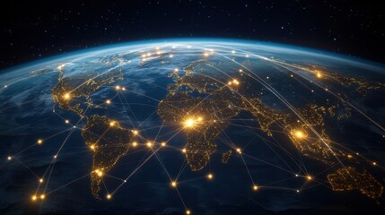 Stunning global trade routes, cargo ships navigating oceans, countries connected by digital infrastructure, diverse cultures exchanging goods, digital networks enhancing economic growth