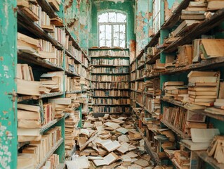 Fototapeta premium Abandoned Library with Books Scattered on Floor, Green Walls, and Natural Light
