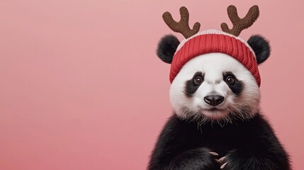 Fototapeta premium happy panda in a deer hat ,new year,funny animal
